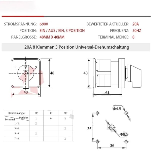 Hot 2025 Universal Rotary Cam 20A 3 Posisjoner 8 Terminaler 690V Cam Bryter