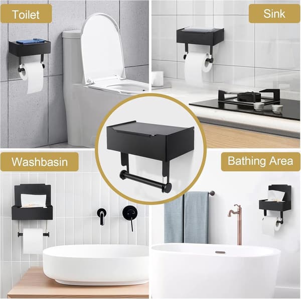 Mat sort toiletpapirholder - med stativ og hylde - ingen boring nødvendig