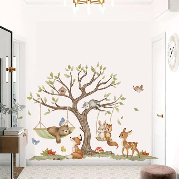 Animal Forest Wall Decals for Kids Room, featuring Deer, Foxes, and Pine Trees.