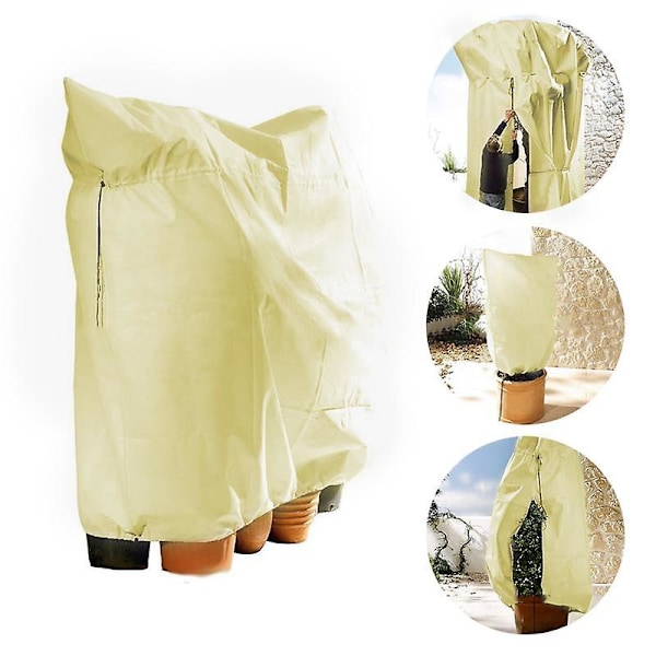 Varme 2025 Frostsikre poser for planter, gjenbrukbare plantebeskyttelsesposer med snøring, hagefleeceposer vinter beige Beige XL-140x200cm