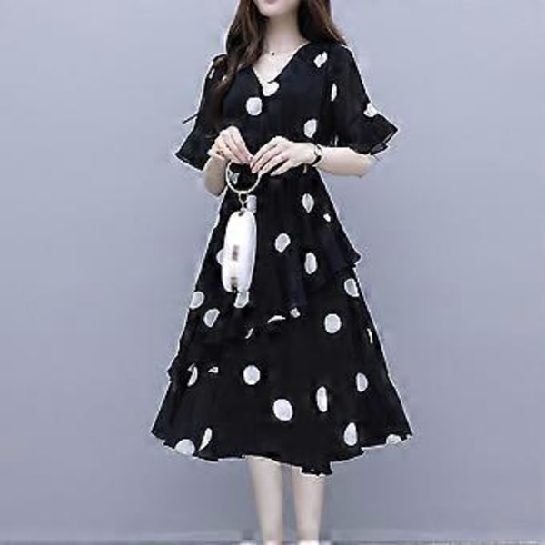 Hot 2025 Sort L Casual Dame Pige Løs Polka Dot Halværme Flæse V-Hals Kjole Forår Sommer