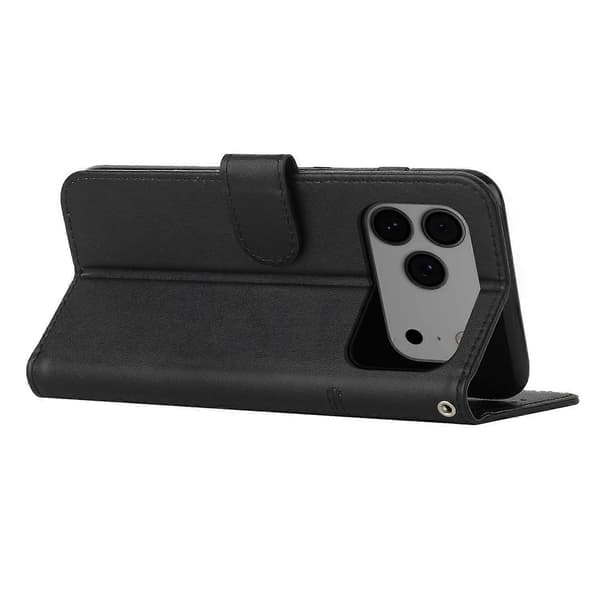 Kompatibel med iPhone 17 Pro Max Læder Telefon Cover Foldbart Stativ Wallet Flip Cover med Rem - Sort-lingling}