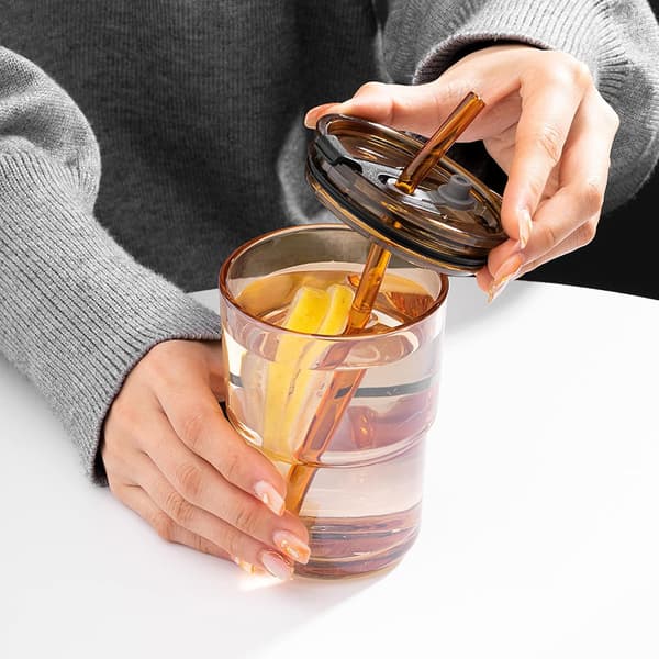 40cl Isolerad Vattenflaska med Sugrör och Dammskydd, Kaffeiskkopp, Dubbelväggig Isolerad Glasmugg (Bärnsten - 2-pack)