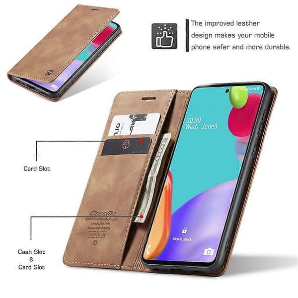 Äkta läderplånboksfodral med ställ, kompatibelt med Samsung Galaxy A52 Brown