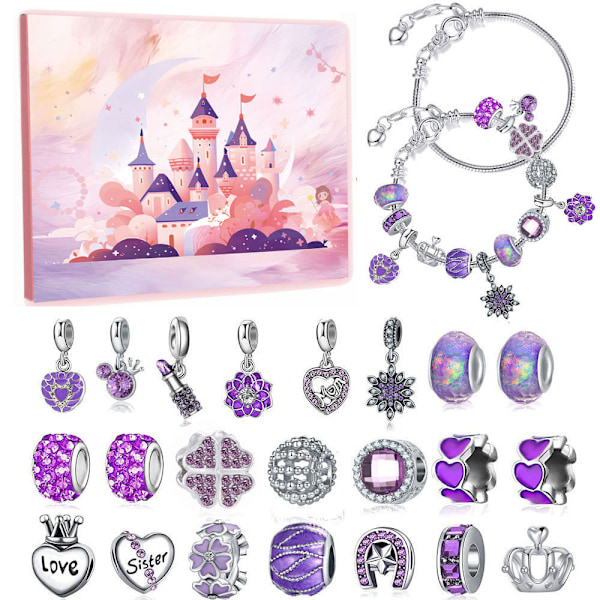 24 st Julkalender, Gör-Det-Själv-Armband Set 24 Dagar Nedräkning Charm Smycken Blind Box Juldekorationer för Barn Purple