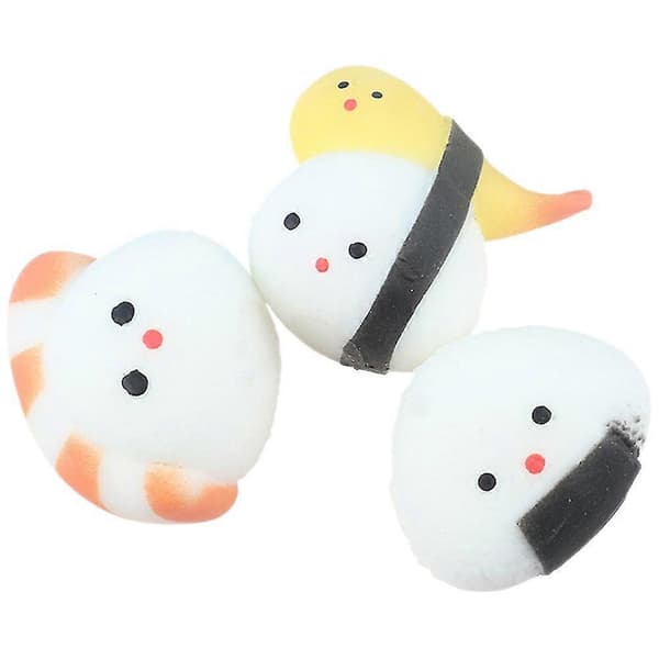 Tre nuttede sushi-formede klemmelegetøj. Søde sushi-designs, super hoppende, sjove og stressreducerende.