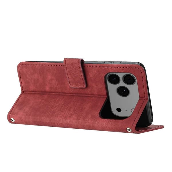 Kompatibel med iPhone 17 Pro Max Ställfodral Präglade Linjer Läder Telefonskal-lingling} Red Red