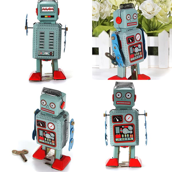 Retro mekanisk optrækslegetøj gående radarrobot