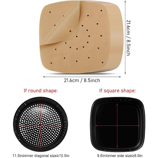 100 ark hvidt perforeret bagepapir til airfryere, 20 cm diameter.