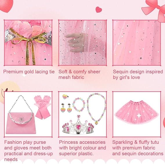 Pink prinsessekjolesæt, inklusive krone, egnet til piger i alderen 3-8 år. Pink