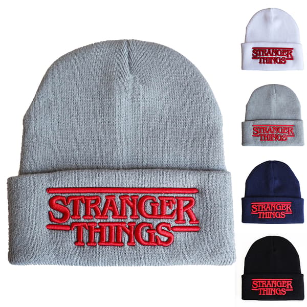 Stranger Things stickad mössa med 4-bokstavsmönster, utomhusstil för pojkar, flickor och barn. Grey