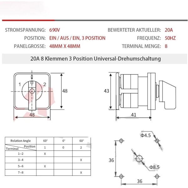 Hot 2025 Universal Rotary Cam 20A 3-Position 8-Terminal 690V Cam Switch
