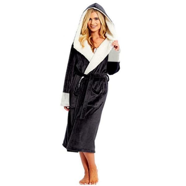 Sort lang fleece badekåbe med hætte Black XXXL