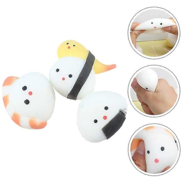 Tre nuttede sushi-formede klemmelegetøj. Søde sushi-designs, super hoppende, sjove og stressreducerende.