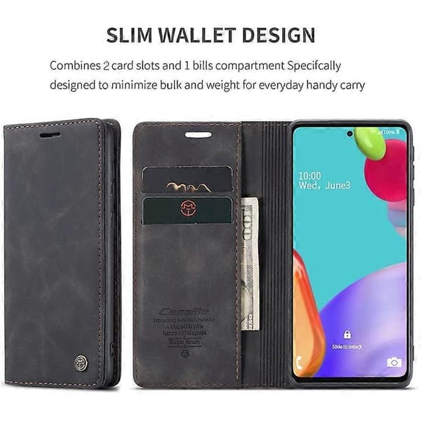 Äkta läderplånboksfodral med ställ, kompatibelt med Samsung Galaxy A52 Black