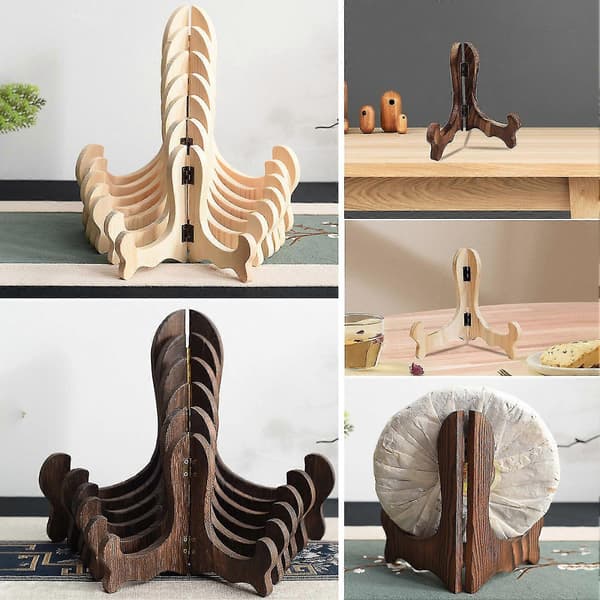 This handmade, foldable wooden stand features a curved design and is suitable for displaying saucers, tea sets, and other home decor. Ebony M