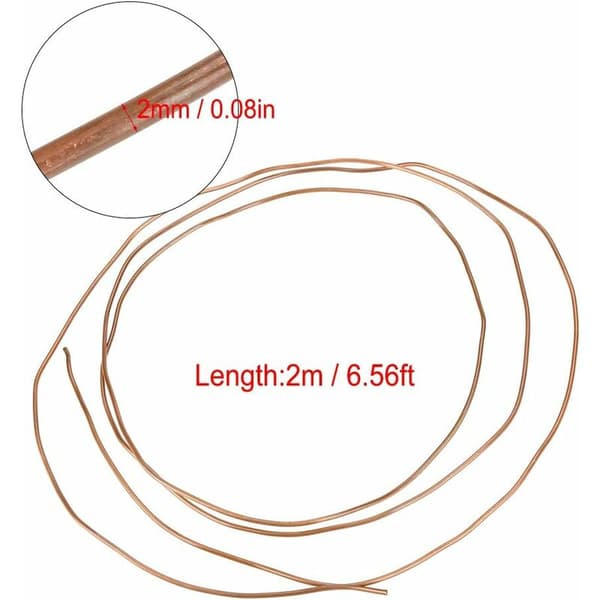 2 meter langt kobberrør, 2 mm ydre diameter, 1 mm indre diameter, egnet til fleksible køleskabsslanger/runde kobberrør.
