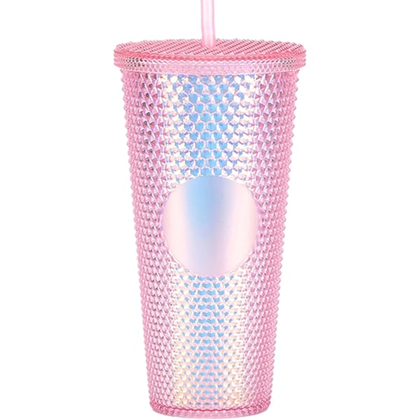 Hot 2025 Dobbelveggede plastkopper med nagler, lokk og sugerør, BPA-frie, 710 ml, rosa