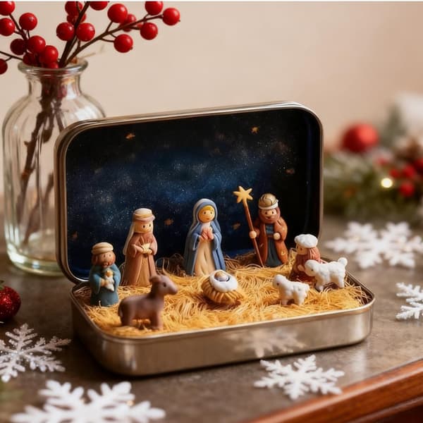 Miniature julekrybbe i dåse, bærbar lommeformat, gaveæske med julekrybbefigur. 1pc