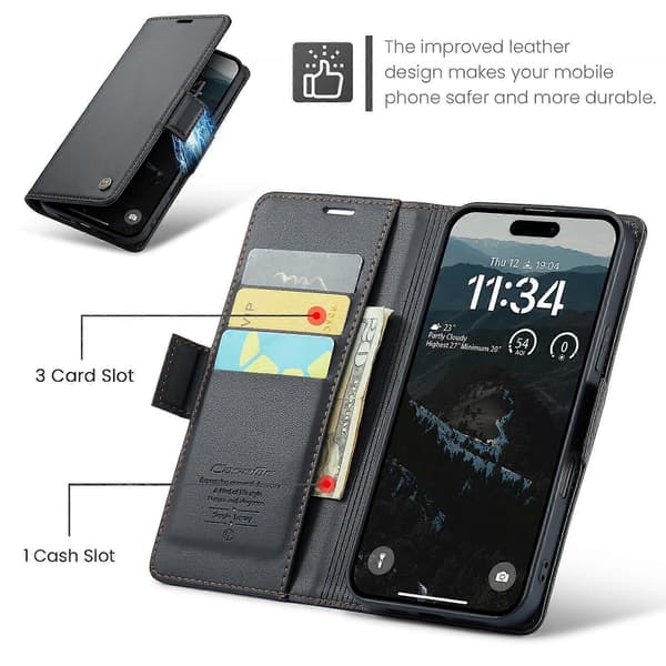 Læderpung stand telefoncover kompatibelt med iPhone 17 Pro Max Black