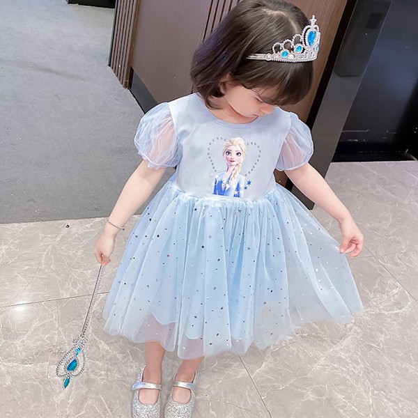 Flicka Frozen Elsa Prinsessa Barn Bomull Gasväv Födelsedagsfest Klänning blå blue 110cm