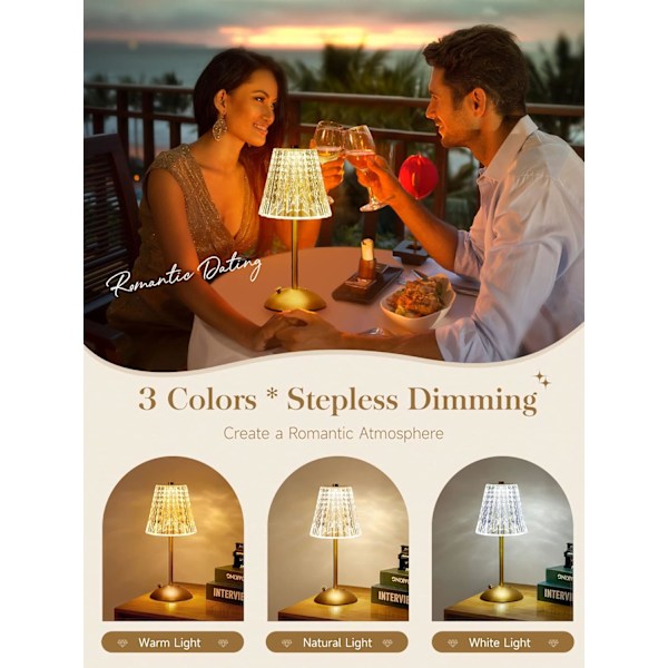 Hot 2025 Bordlampe Berøringslamper Nattbordslampe, 10-veis dimbar bordlampe for stue, 3 farger liten lampe for soverom, oppladbar Crystal Table Lamp