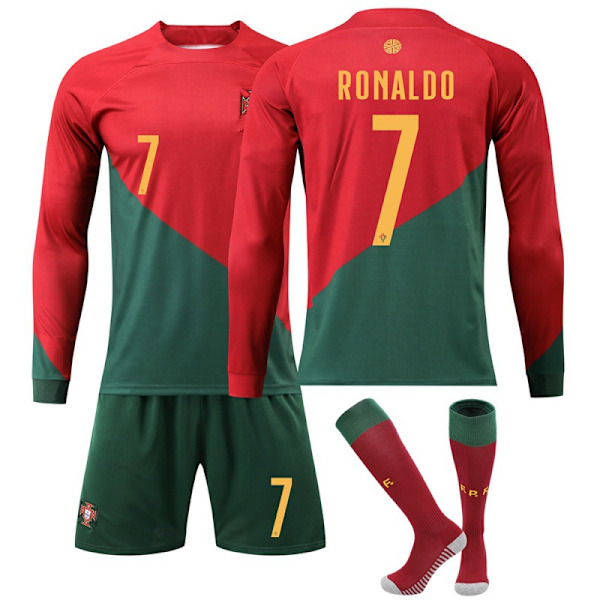 Ny produktkampanj! Högkvalitativ 22/23 Portugal Hemma No.7 Ronaldo VM Långärmad Fotbollströja Set Barn Fotbollskit M