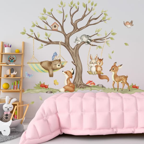 Animal Forest Wall Decals for Kids Room, featuring Deer, Foxes, and Pine Trees.