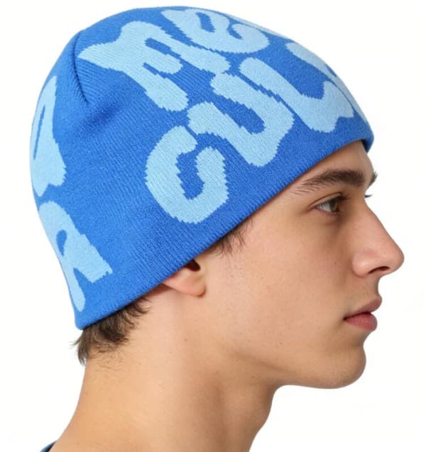 Y2K MEA Culpa Grunge Ullstickad Mössa, Vintervarm Mössa, Hip Hop Bokstav Jacquard Mössa - Blå Blue