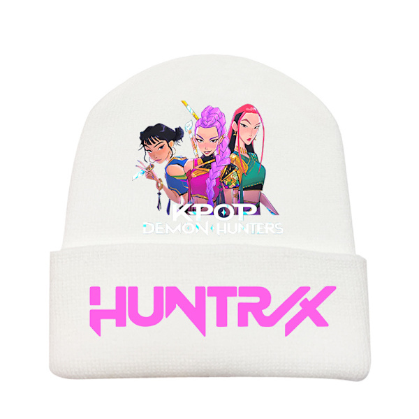 KPOP Devil Hunter Tema Stickad Mössa, Lockig Ullmössa, Tryckt Ullmössa, Varm Utomhusmössa, Vuxen Vit - 7 White-7 One size