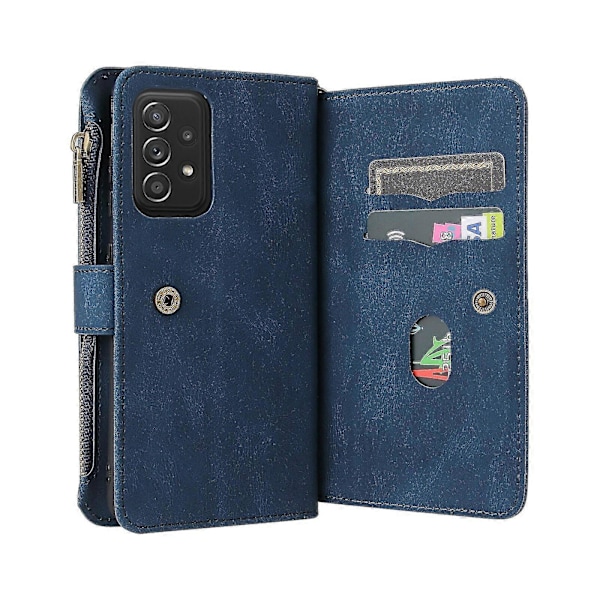 Påskrabatt! Högkvalitativt WXH Kompatibelt med Samsung Galaxy A52 5G/A52S PU Läder Magnetisk Stängning Femton Kortplatser Blixtlåsficka Telefonfodral Blue