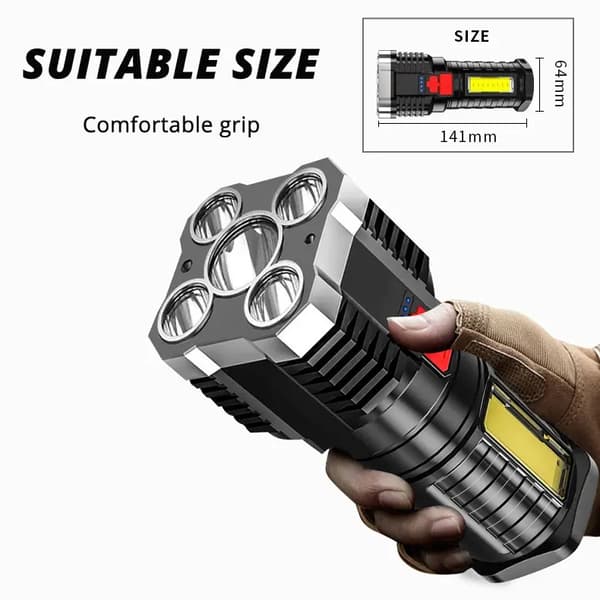 Genopladelig lommelygte med sidelys, 5W, 800mAh batteri