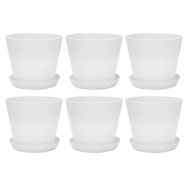 Six round plastic flower pots with saucers, glossy surface, for garden decoration, white.
