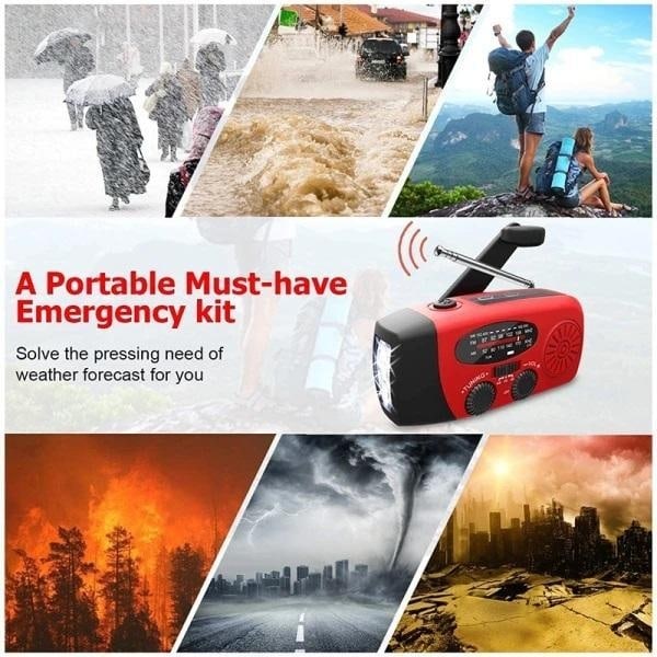 Hett! 2025 Vevradio med Solceller, Ficklampa och 2000mAh Powerbank SOS Nödsituation - Röd red 300