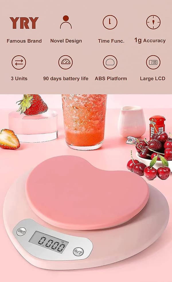 Rosa köksvåg - stor LCD-display, tareringsknapp, 5 kg kapacitet