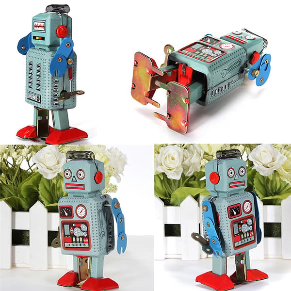 Retro mekanisk optrækslegetøj gående radarrobot