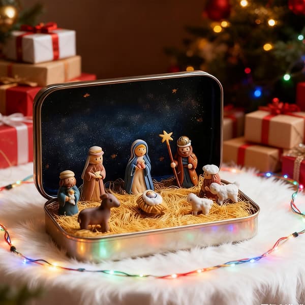 Miniature julekrybbe i dåse, bærbar lommeformat, gaveæske med julekrybbefigur. 2pcs