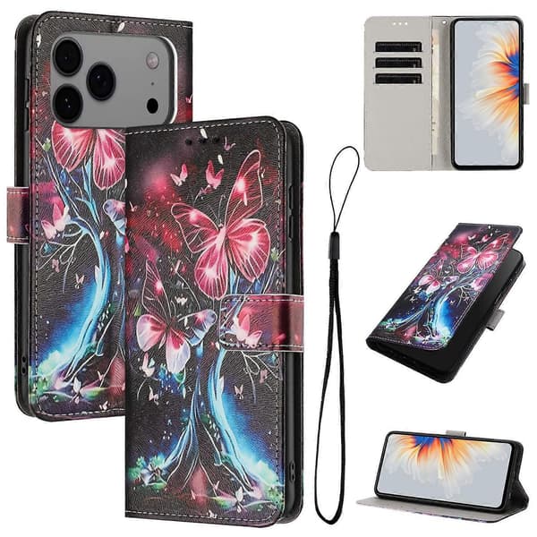 Kompatibel med iPhone 17 Pro Max Plånboksfodral Mönstertryck PU Läder Telefonskal med Snodd-lingling} Multicolor Butterfly Tree