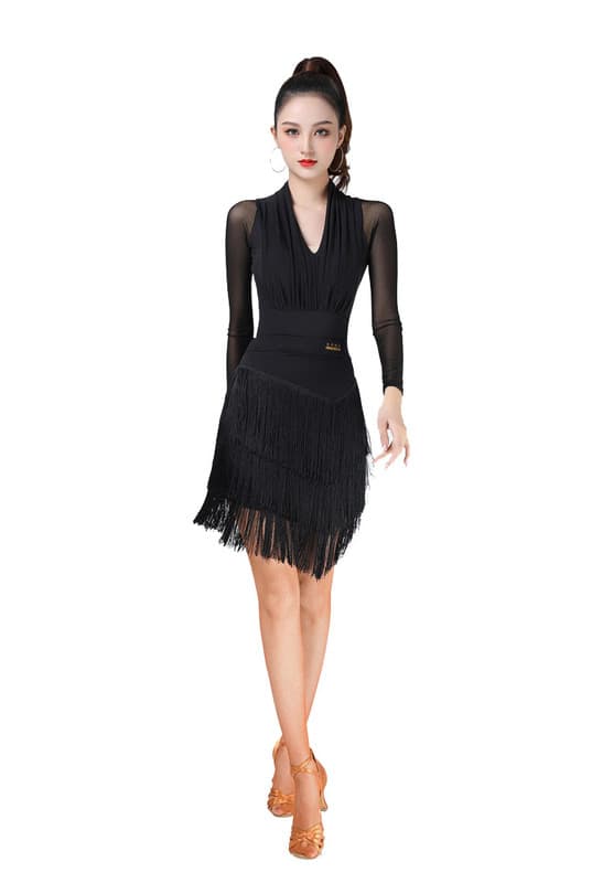 Damekjole med frynser, velegnet til latindans, salsa, tango, selskabsdans osv., sort. Black L