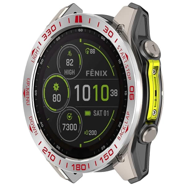 Kompatibel med Garmin Fenix 8 47mm AMOLED Version Rustfrit Stål Bezel Ridsefast Beskyttelsesring-lingling} Multicolor Silver+Red