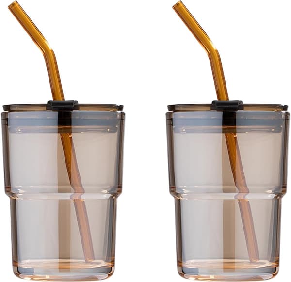 40cl Isolerad Vattenflaska med Sugrör och Dammskydd, Kaffeiskkopp, Dubbelväggig Isolerad Glasmugg (Bärnsten - 2-pack)