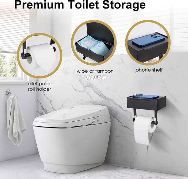 Mat sort toiletpapirholder - med stativ og hylde - ingen boring nødvendig