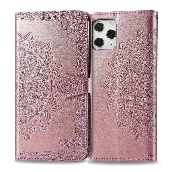Präglat Mandala Blomma Läder Plånboksfodral med Ställ Kompatibelt med iPhone 12 Pro/iPhone 12-lingling}
