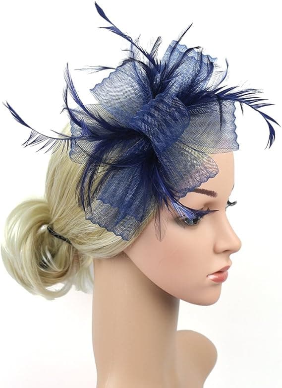 Damehodeplagg, hatt, blomst, bryllupshodeplagg, pannebånd, fjær, brudehodeplagg, hatt, kuppelhatt, mini flosshatt, hårspenne navy blue