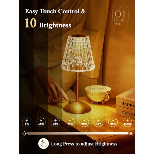 Hot 2025 Bordlampe Touch Lamper Sengelampe, 10-vejs Dæmpbar Bordlampe til Stue, 3 Farver Lille Lampe til Soveværelse, Genopladelig Crystal Table Lamp