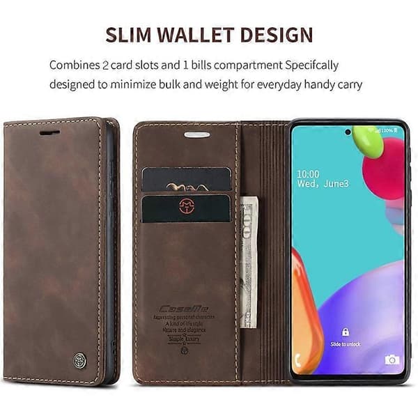 Äkta läderplånboksfodral med ställ, kompatibelt med Samsung Galaxy A52 Espresso