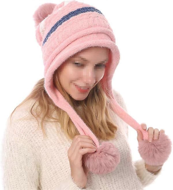 Stickad mössa - Öronlapps vintermössa för kvinnor-lingling} Pink