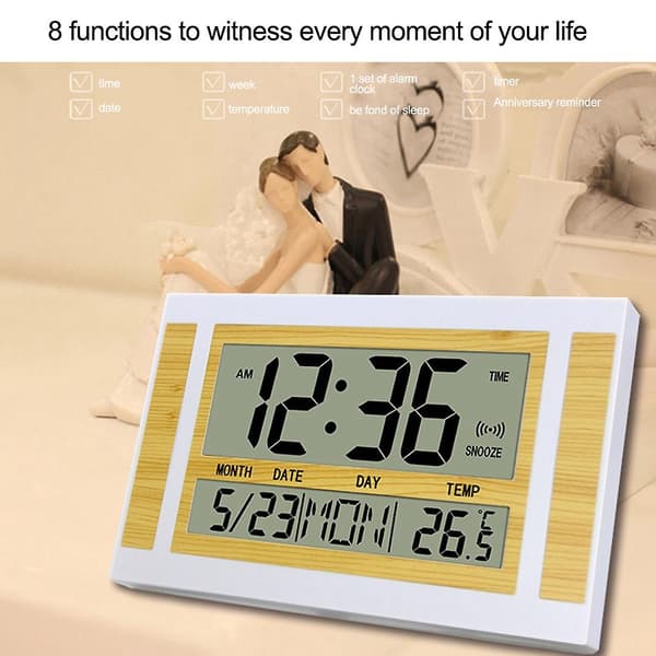 Digital väggklocka med LCD-display, digital tid, temperatur, kalender, väckarklocka, bordsklocka, modern design för kontorsbruk.
