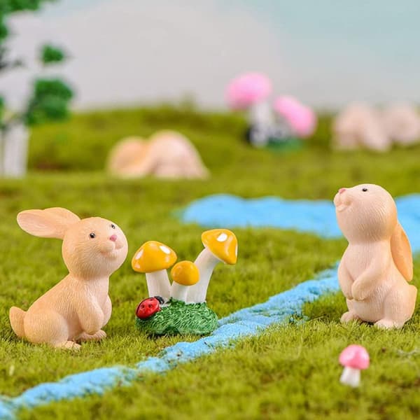 7-delt mini påskeharefigur sæt, påskepynt, lille landskabsbordsskulptur, dukkehusdekoration, blandet stil