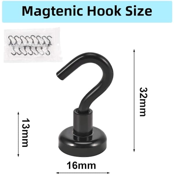 Magnetisk krog, 10 neodymmagneter, 16 mm stærk magnetisk krog, super stærk magnet med krog (sort)